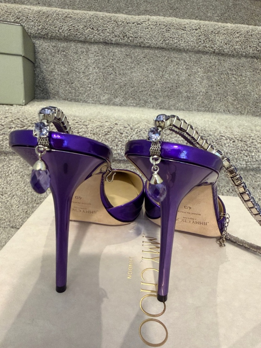 Jimmy Choo Metallic Purple Crystal T-Strap Pointed Slingback Heels - Picture 17 of 17